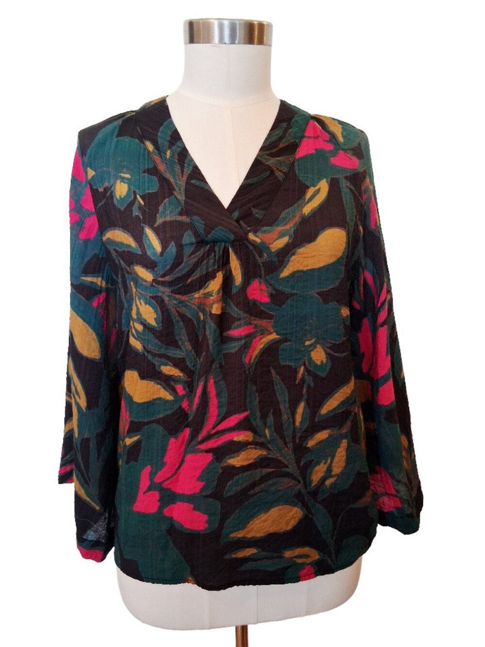Fransa V-Neck Wide Sleeve Tropical Floral Print Top Small